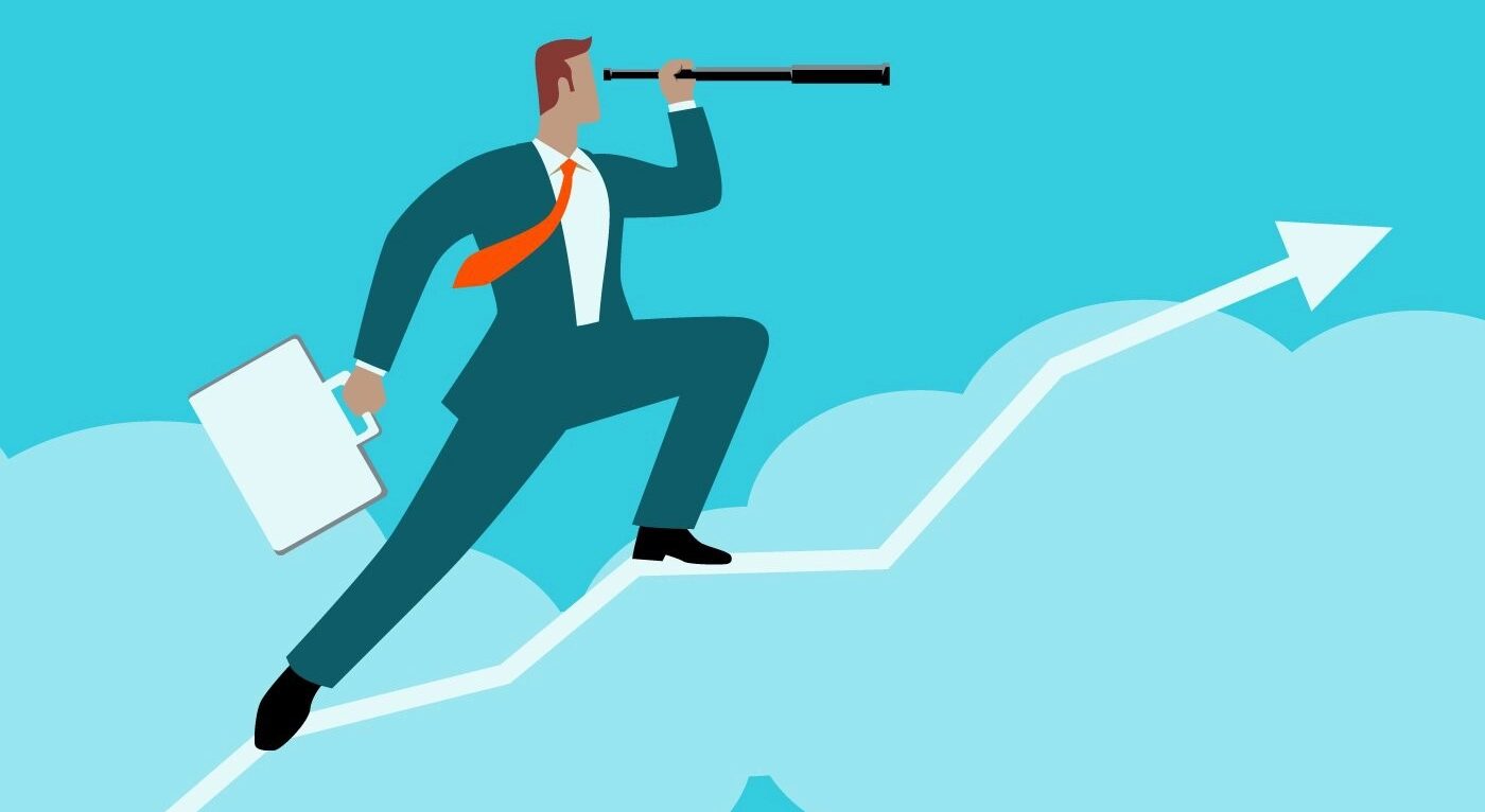 Cartoon of man looking through telescope