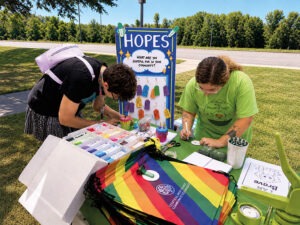 Two people doing crafts outside